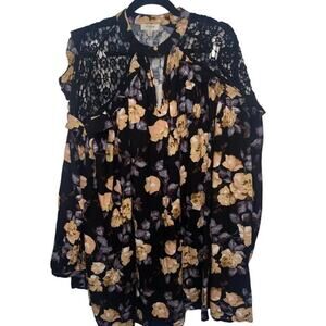 UMGEE Floral Trapeze Swing Ruffle With Lace Long Sleeve Boho Dress